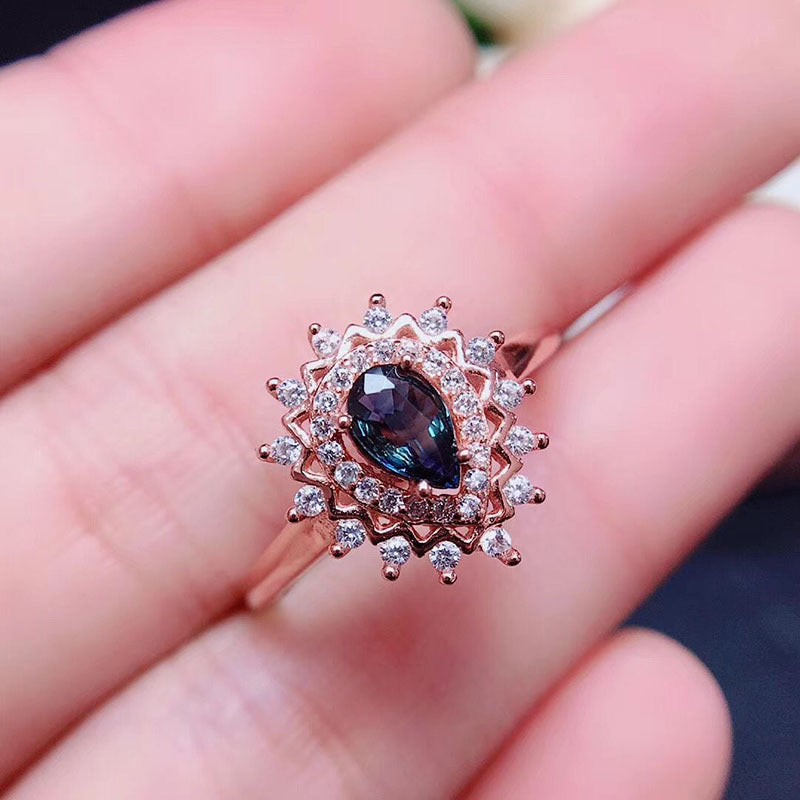 Vintage Halo Pear Cut Sapphire Unique Engagement Rings for Women Adjustable Size