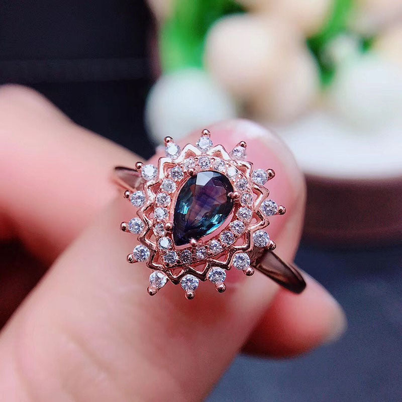 Vintage Halo Pear Cut Sapphire Unique Engagement Rings for Women Adjustable Size