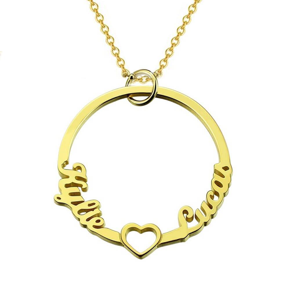 Sterling Silver Circle Two Name Necklace with heart