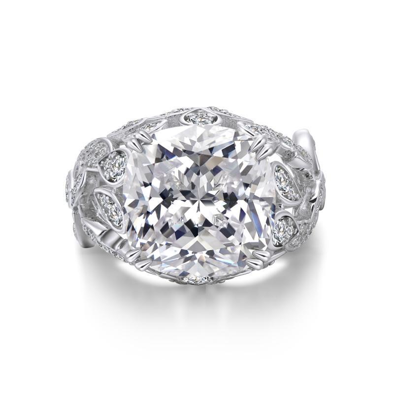 Luxury Floral Design Cushion Created White Diamond Ring