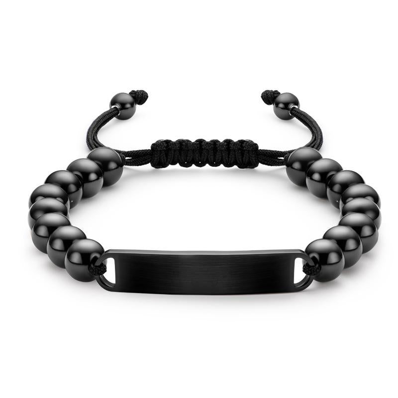 Men Black Beads Bracelet with Engraved Bar Custom Bracelets Personalized Gift