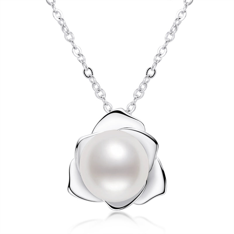 925 Sterling Silver 9-10mm Freshwater Pearl Petals Pendant Necklace