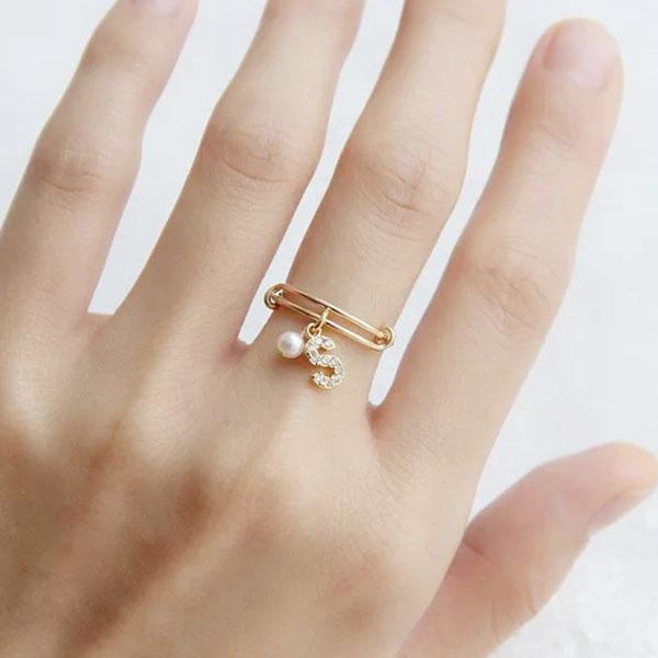 Personalized Letter Pearl Pendant Ring In 14K Gold  Plated