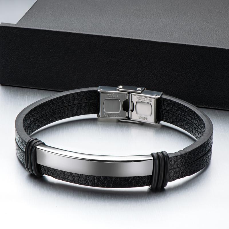 Mens Leather Bracelet Black Engraved Personalized Bracelet Stainless Steel in Gold