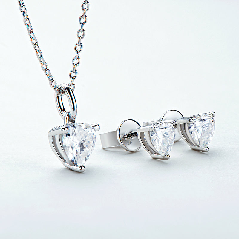 Heart Shaped 1.0Ctw Moissanite Stud Earrings & 1Ct Moissanite Pendant Necklace