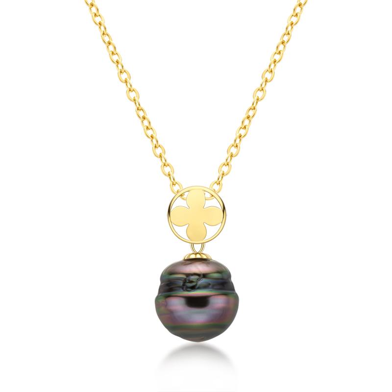 18k Gold Natural Cultured Tahitian Black Pearl Pendant Necklac with Silver Chain