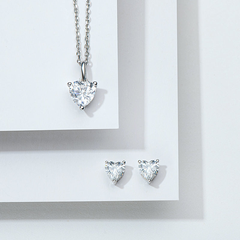 Heart Shaped 1.0Ctw Moissanite Stud Earrings & 1Ct Moissanite Pendant Necklace