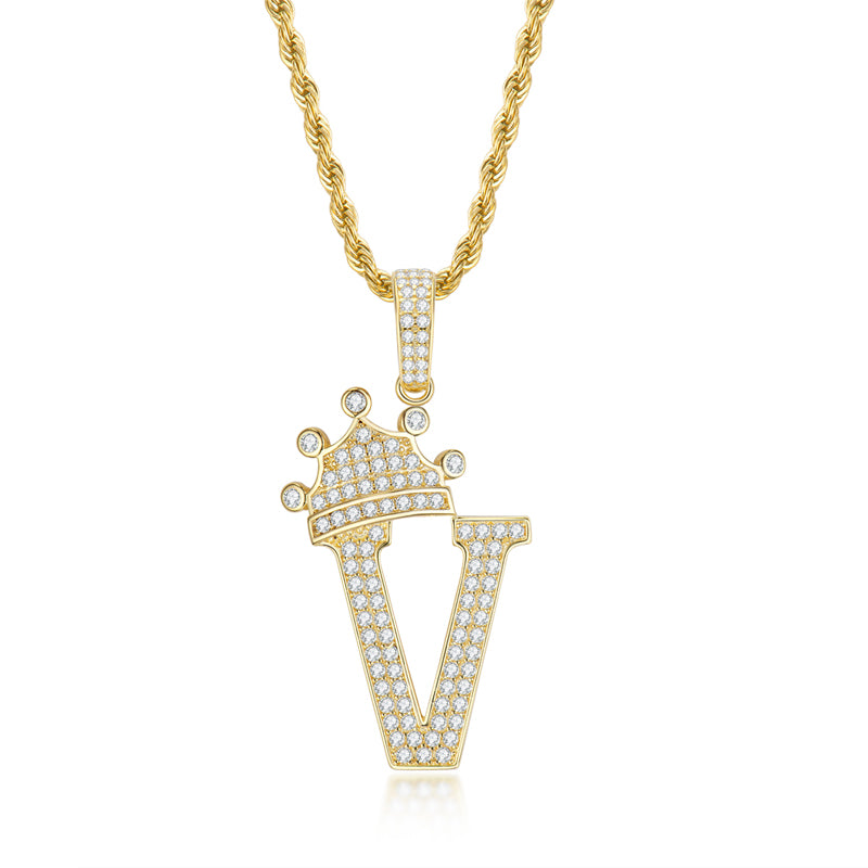 The Letter V Created Diamond Crown Hip Hop Rope Chain Pendant