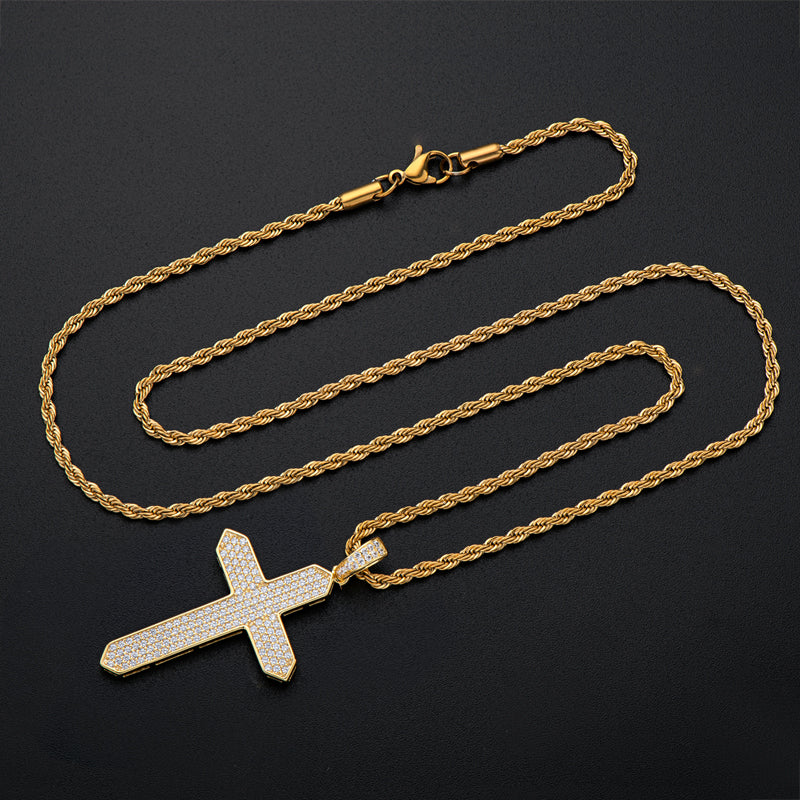Created Diamond Cross Hip Hop Long Chain Pendant Necklace 23.62''