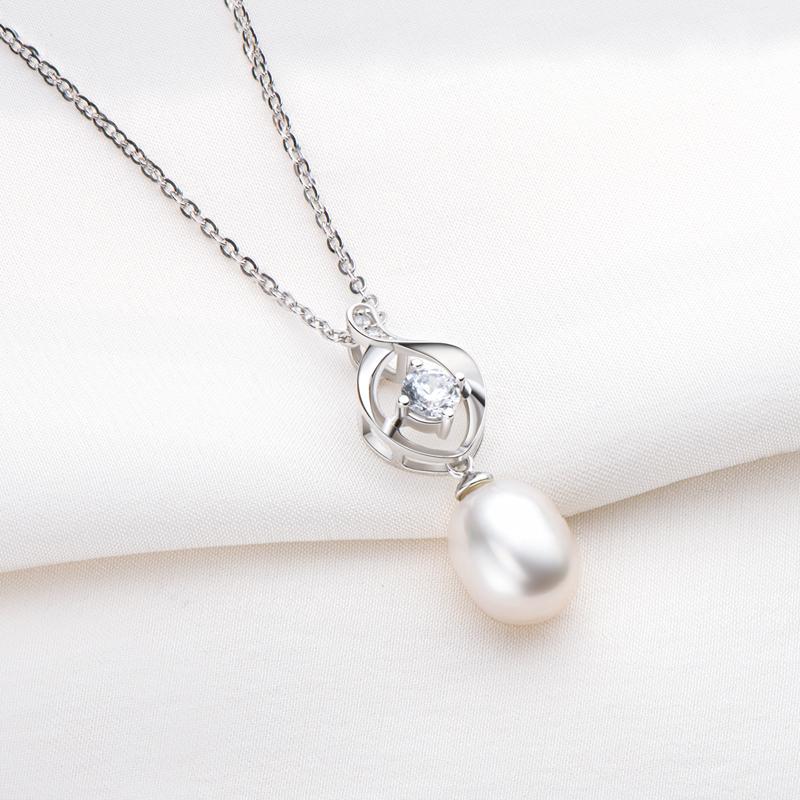 925 Sterling Silver Created White Diamond Pearl Necklace