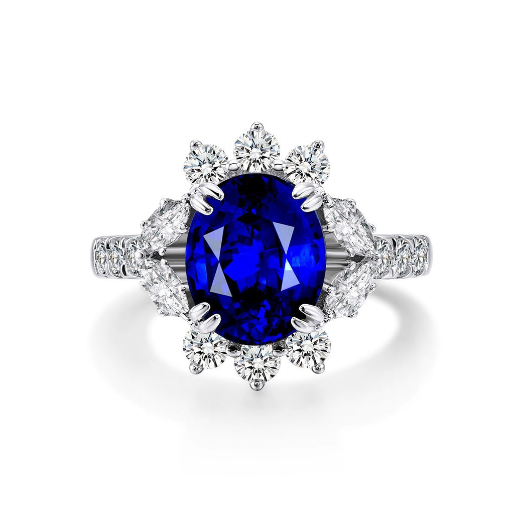 Floral Design Oval Created Blue Diamond Ring