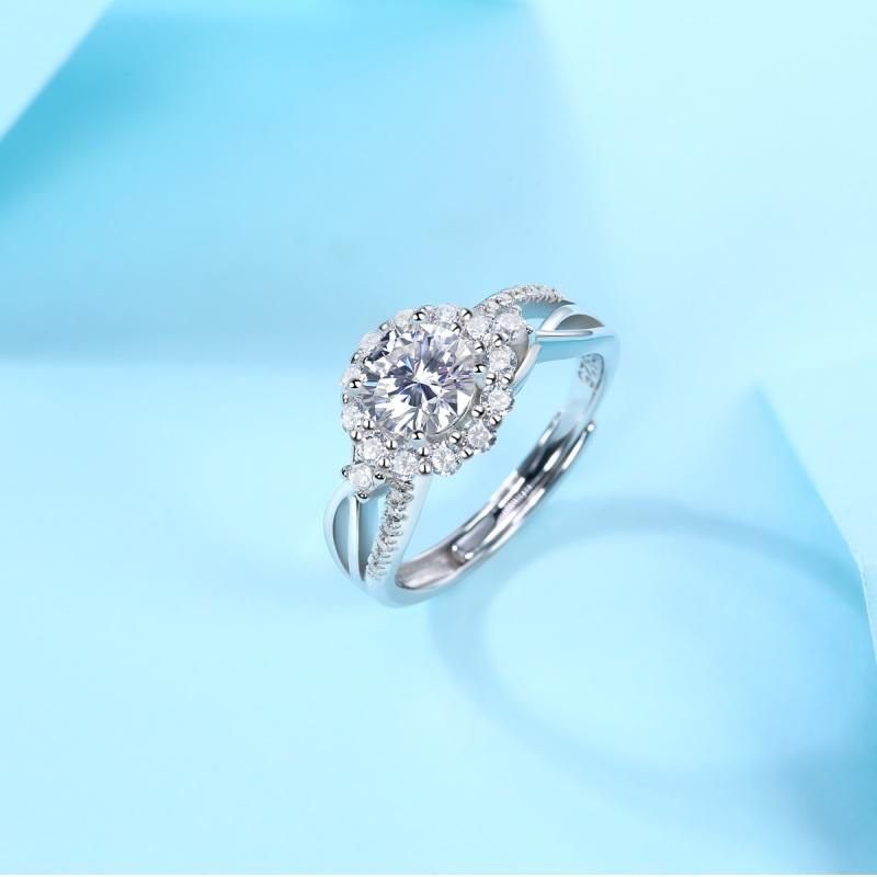 Halo Round Brilliant Cut Moissanite Diamond Ring with Adjustable Size