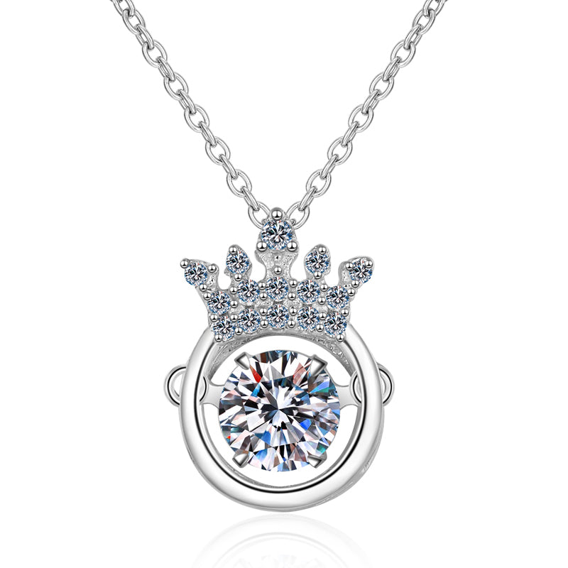 Round Cut Dancing Moissanite Diamond Crown Pendant Necklace