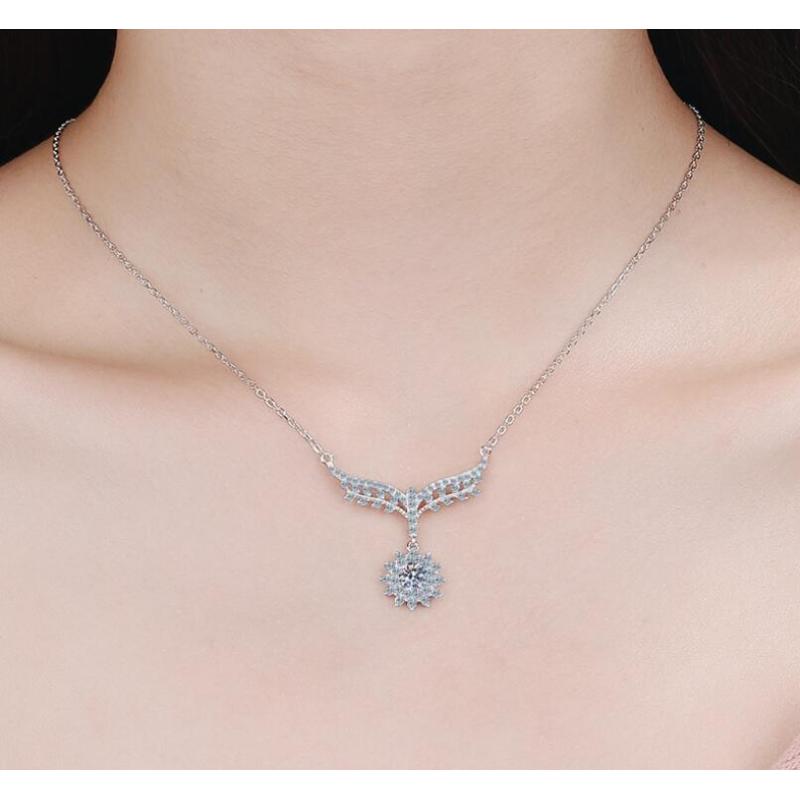 Halo Round Cut Moissanite Diamond Wing Pendant Necklace