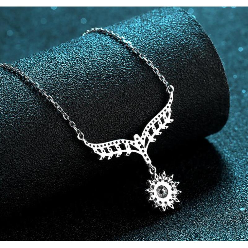 Halo Round Cut Moissanite Diamond Wing Pendant Necklace