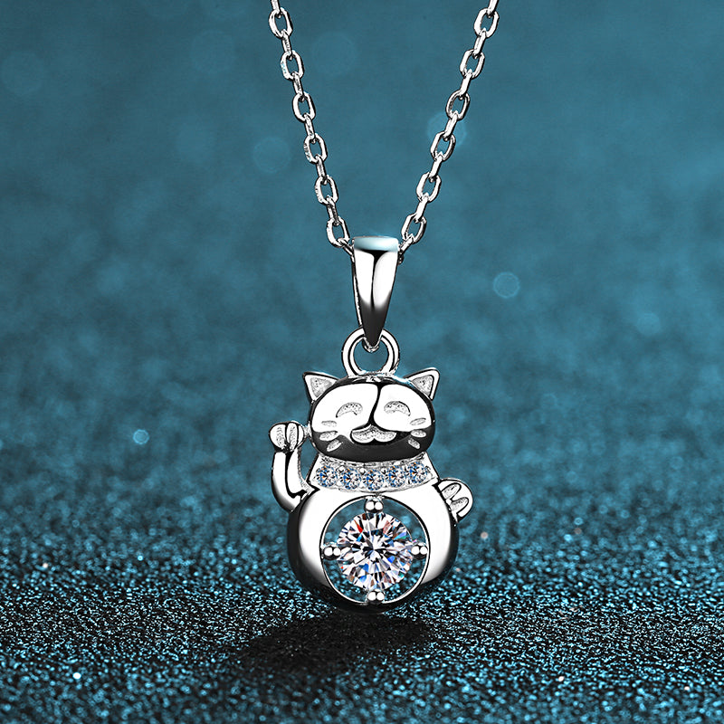 Round Cut Moissanite Diamond Lucky Cat Pendant Necklace