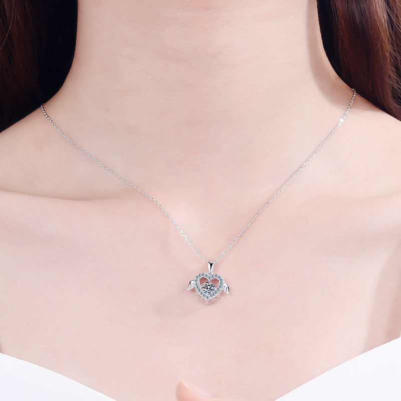 Round Cut Moissanite Diamond Heart Dancing Wing Necklace