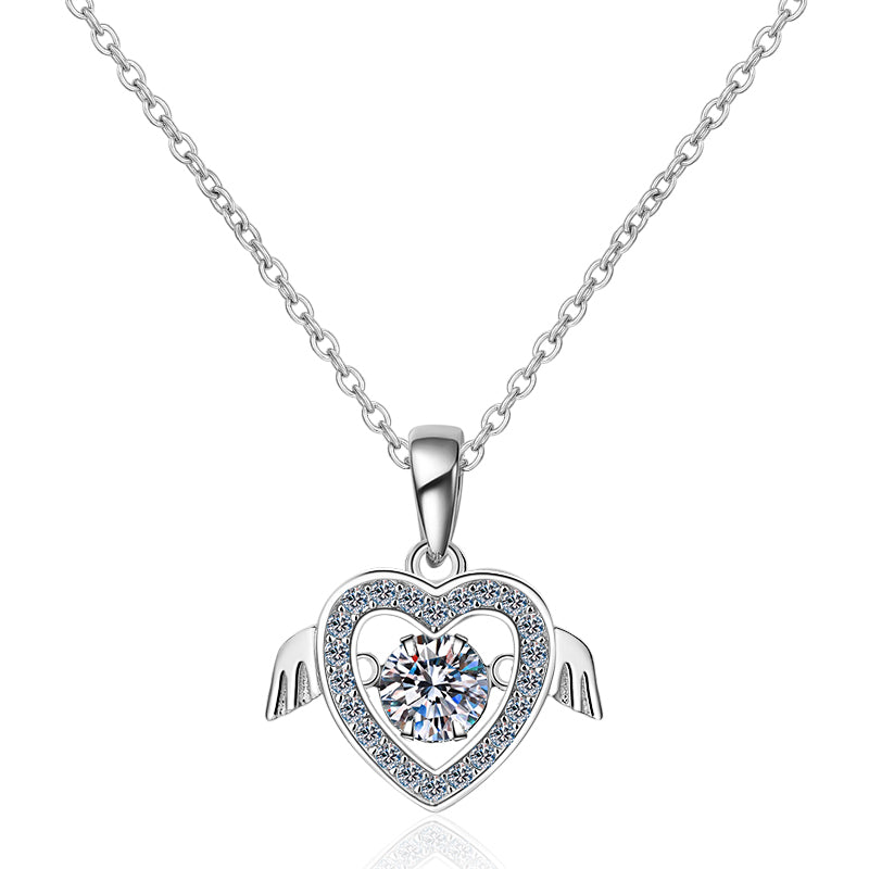 Round Cut Moissanite Diamond Heart Dancing Wing Necklace