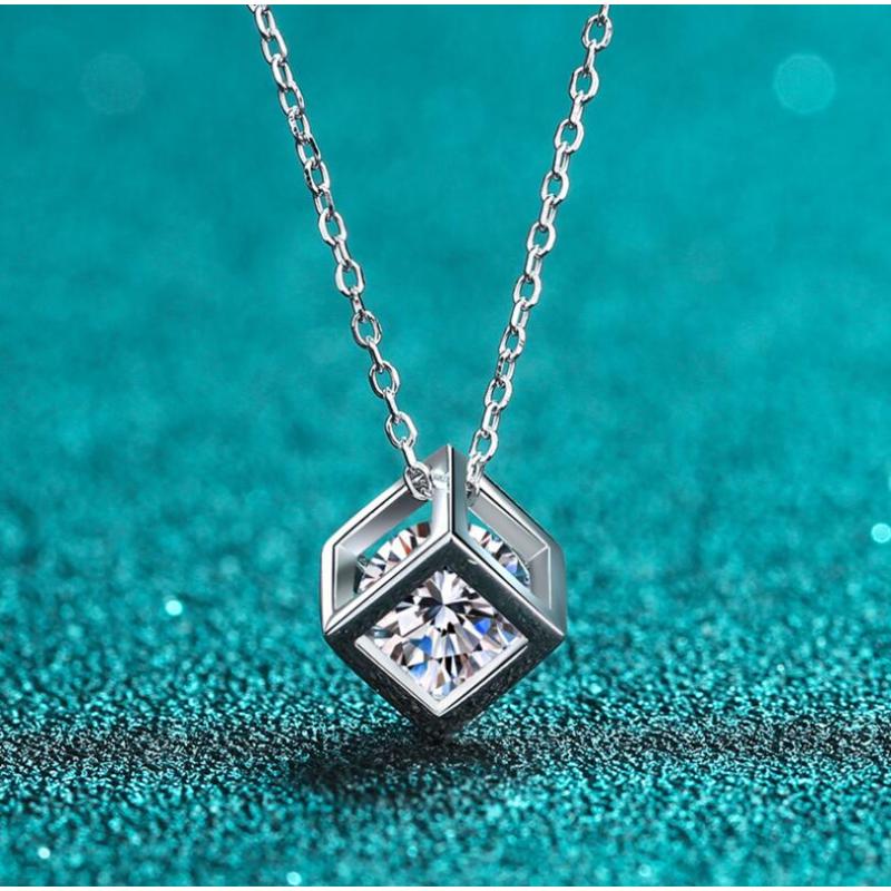 Round Cut Moissanite Diamond Square Box Pendant Necklace