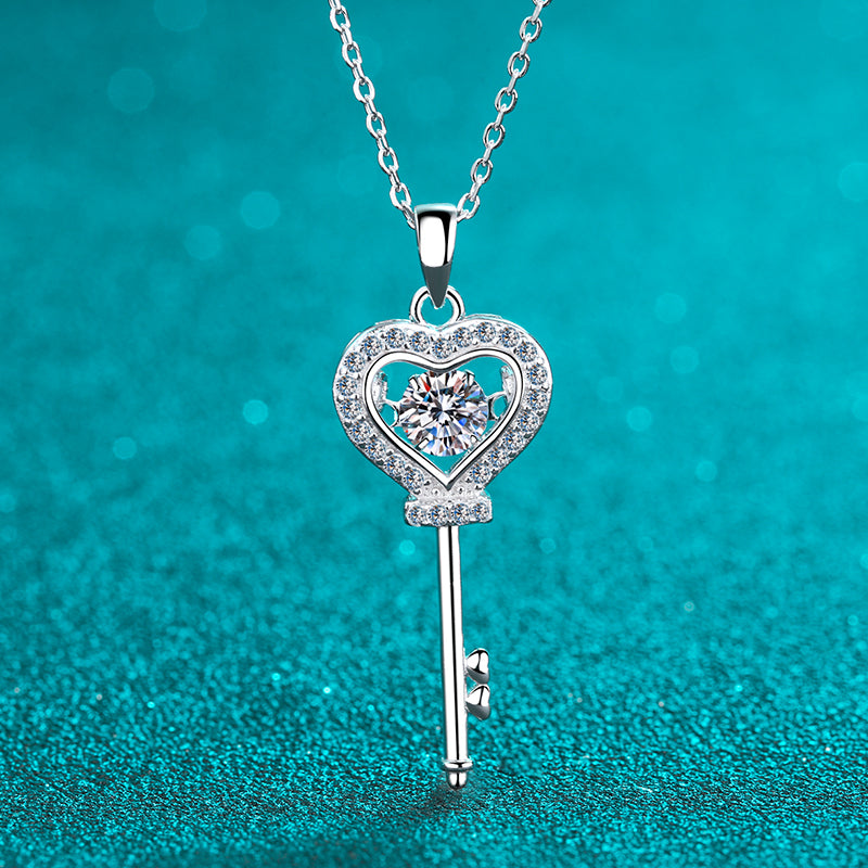 Round Cut Moissanite Diamond Key Heart Pendant Necklace