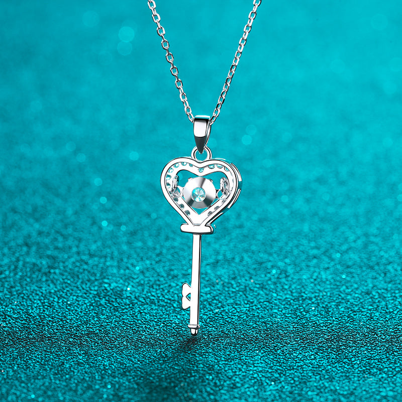 Round Cut Moissanite Diamond Key Heart Pendant Necklace