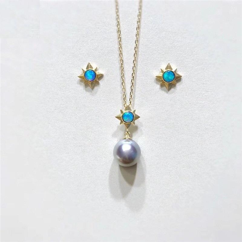 18K Gold Natural Opal Gray Akoya Saltwater Cultured Pearl Star Pendant Necklace