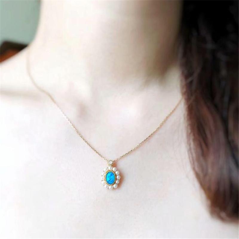 18K Gold AKOYA Pearl Oval Cut Natural Opal 12X14M Exquisite Pendant Necklace