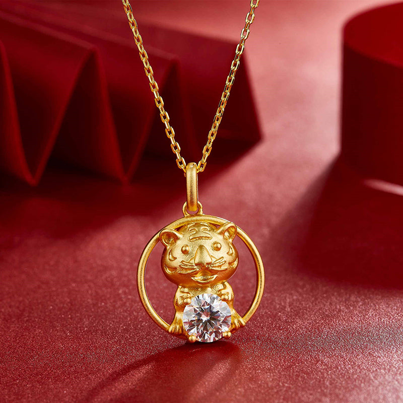 Round Cut Moissanite Diamond Cute Tiger Pendant Necklace