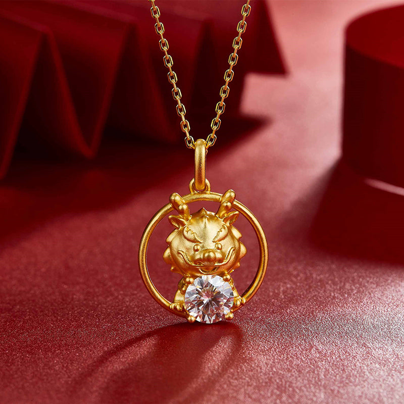 Round Cut Moissanite Diamond Dragon Pendant Necklace