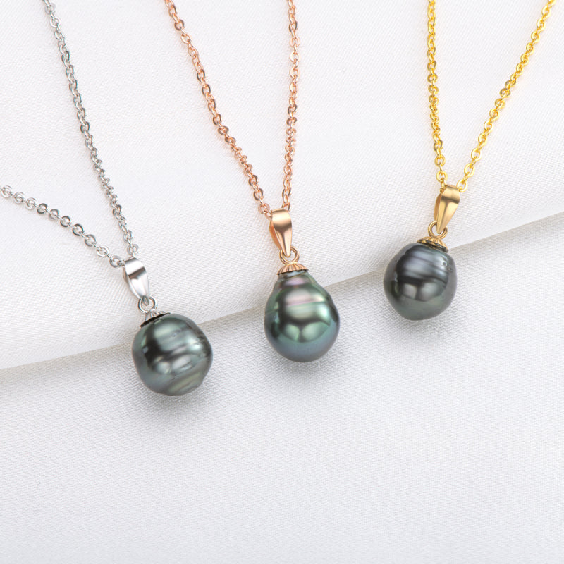 18k Gold 8-8.5mm Natural Cultured Tahitian Black Pearl Pendant Necklace With Silver Chain