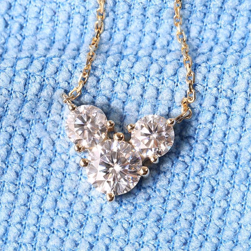 14K/18K Gold 6.5mm Round Cut Color Grade D Moissanite Diamond 3 Stone Nacklace 18''