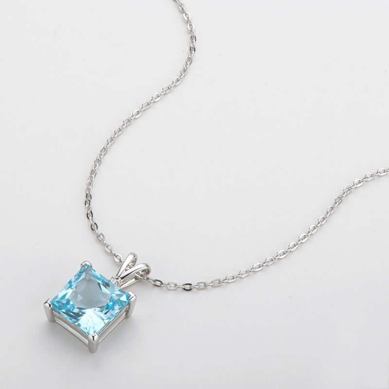 Princess cut 4 Carat Natural Blue Topaz Pendant Necklace
