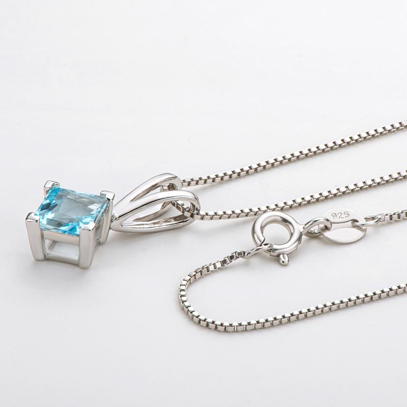 1.5ct Princess Cut Natural Blue Topaz Gemstone Pendant Necklace with Box Chain 18''