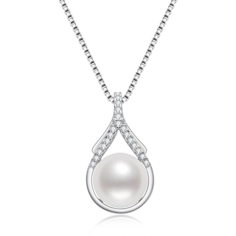 925 Sterling Silver 9-10mm Freshwater Pearl Fashion Pendant Necklace 18" Adjustable