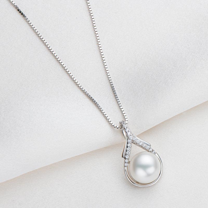 925 Sterling Silver 9-10mm Freshwater Pearl Fashion Pendant Necklace 18" Adjustable