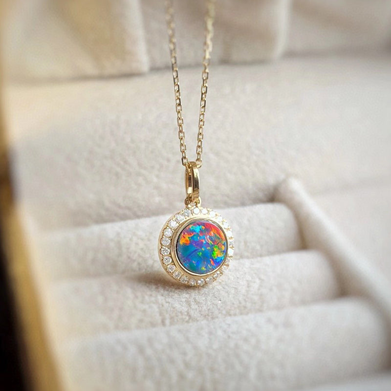18K Gold Round Cut 0.18ct Natural Opal Diamond Pendant Necklace 18"