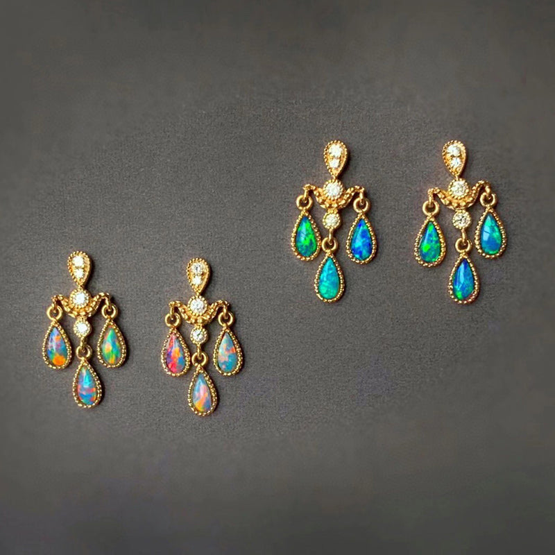 18K Gold Pear Cut 0.2ct Natural Opal Real Diamond Libra Drop Earrings