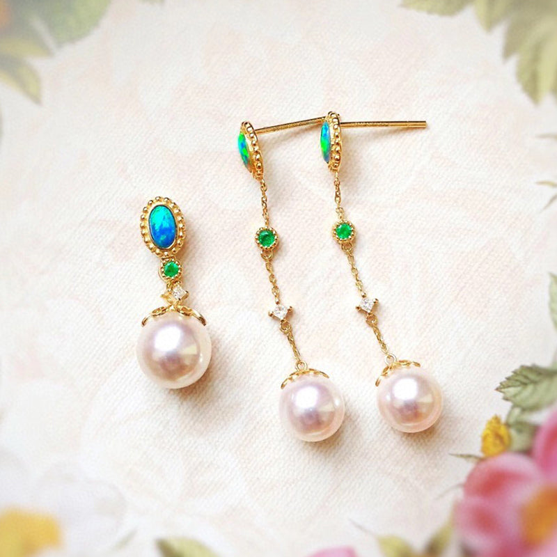 18K Gold 0.13ct Natural Opal Akoya Pearl Diamond Emerald Drop Earrings