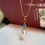 18K Gold 0.06ct Natural Opal 8mm Akoya Pearl Pendant Necklace 18"