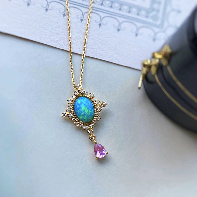 18K Gold 0.40ct Natural Opal Diamond Vintage Pendant Necklace 18"