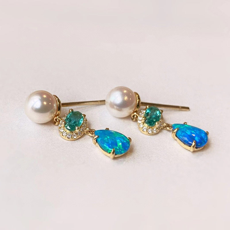18K Gold Pear Cut 0.60ct Natural Opal Emerald 6mm AKOYA Pearl Stud Earrings