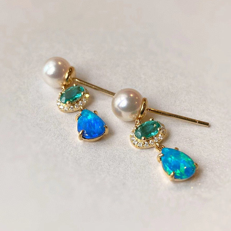 18K Gold Pear Cut 0.60ct Natural Opal Emerald 6mm AKOYA Pearl Stud Earrings