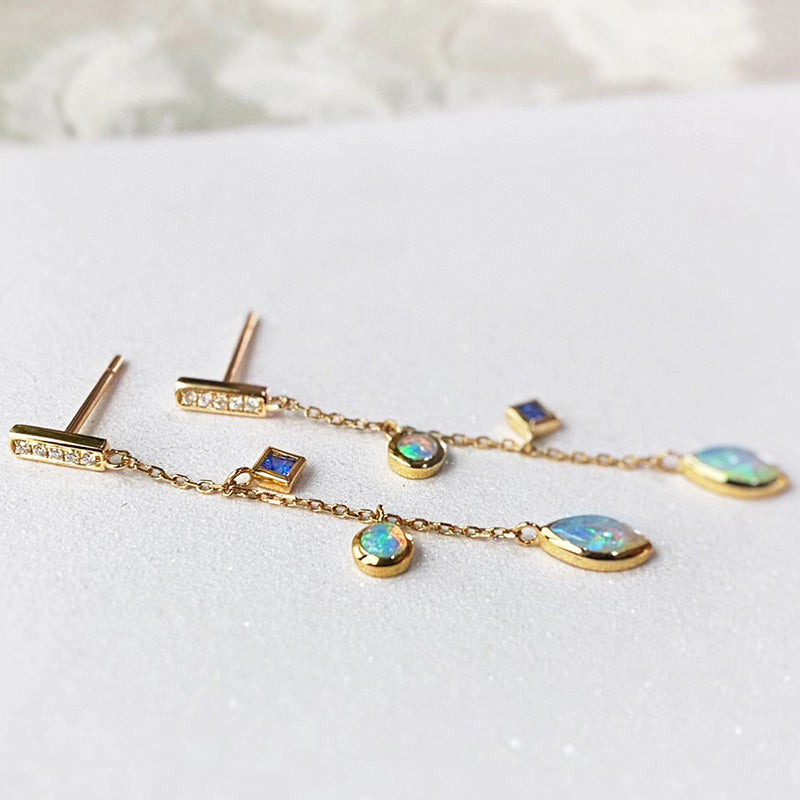 18K Gold Marquise Cut 0.1ct Natural Opal Sapphire Diamond Drop Earrings