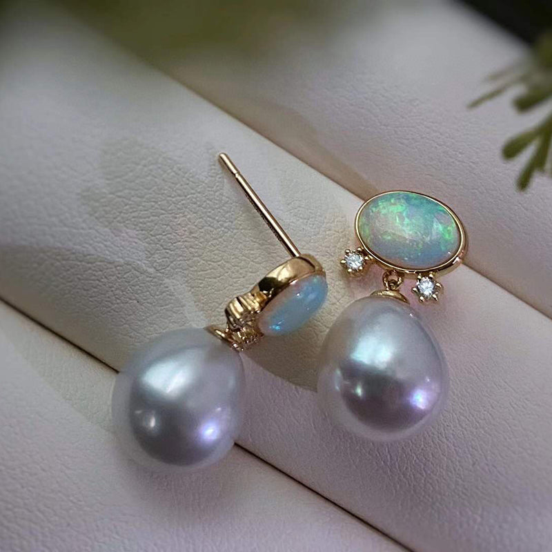 18K Gold Oval Cut 1.7ct Natural Opal & AKOYA Pearl Diamond Drop Earrings