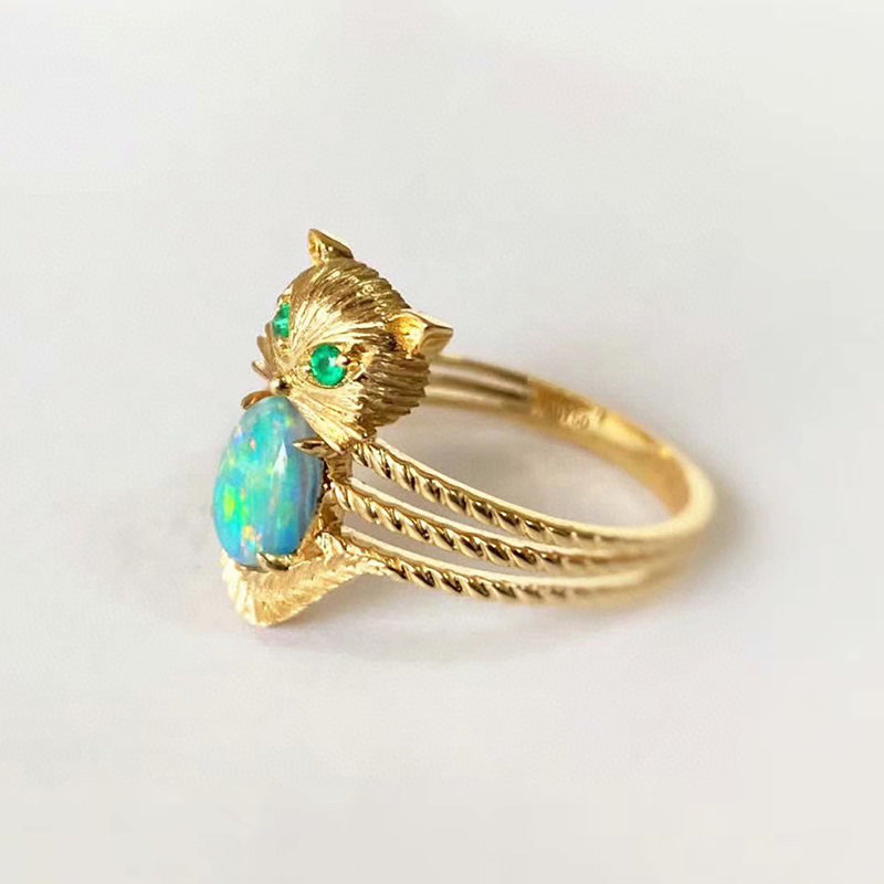 18K Gold 0.50ct Natural Opal Emerald Owl Luxury Ring