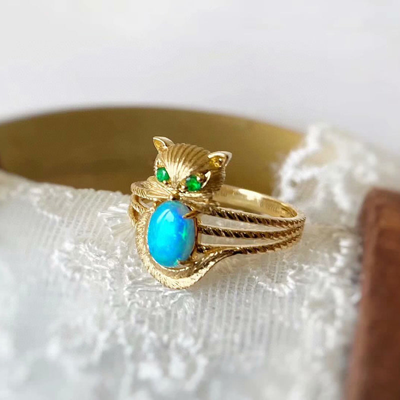 18K Gold 0.50ct Natural Opal Emerald Owl Luxury Ring