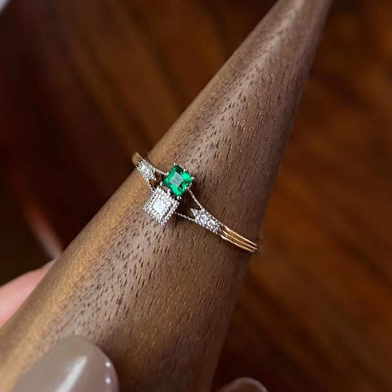 18K White & Gold 0.04ct Natural Emerald 0.03ct Diamond Vintage Ring