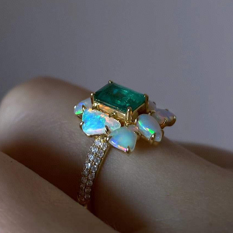 18K Gold 1.0ct Emerald Cut Natural Emerald 1.0Carats Natural Opal Ring
