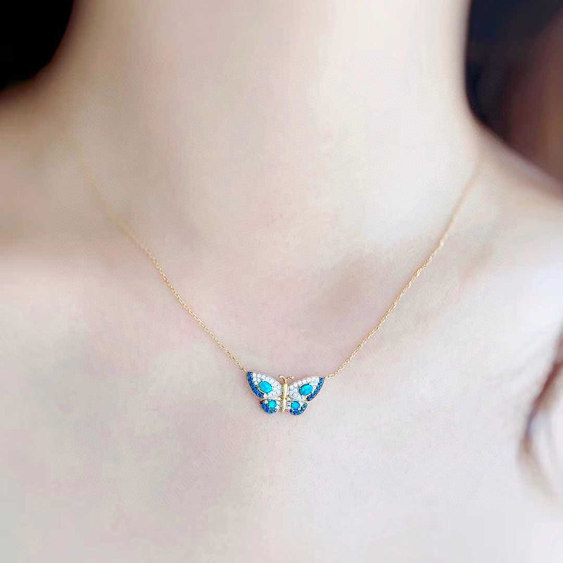 18K Gold 0.18ct Natural Opal Real 0.15ct Diamond Sapphire Butterfly Necklace 18"