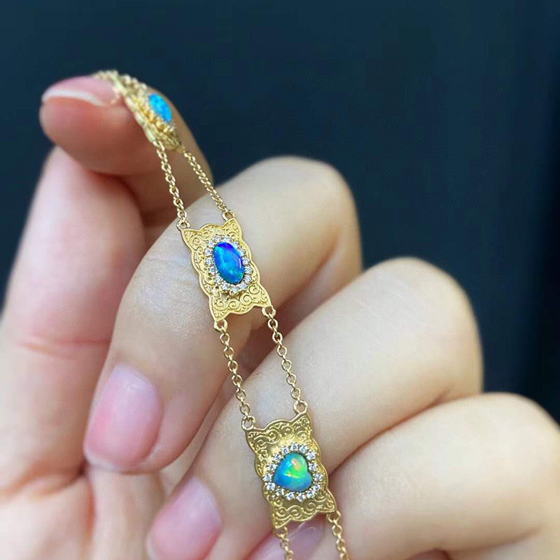 18K Gold 0.60ct Natural Opal Real Diamond Luxury Vinatge Bracelet